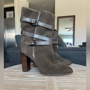 COACH|Brown Suede boots with western buckle details,wooden block heel•••SIZE 10